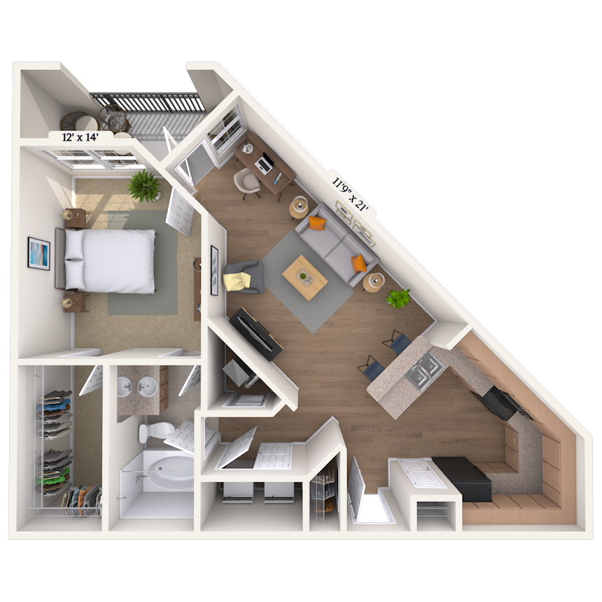 Floor plan for 1 bed, 1 bath, 768 sqft